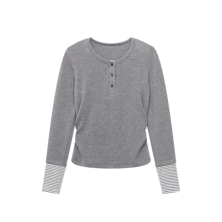 Damen Langarmshirt mit dekorativem Knopfverschluss und gestreiften Ärmeln Drune