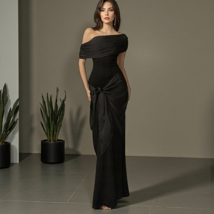 Damen Langarm Maxikleid mit asymmetrischem Schnitt und dekorativen Drapierungen Drune