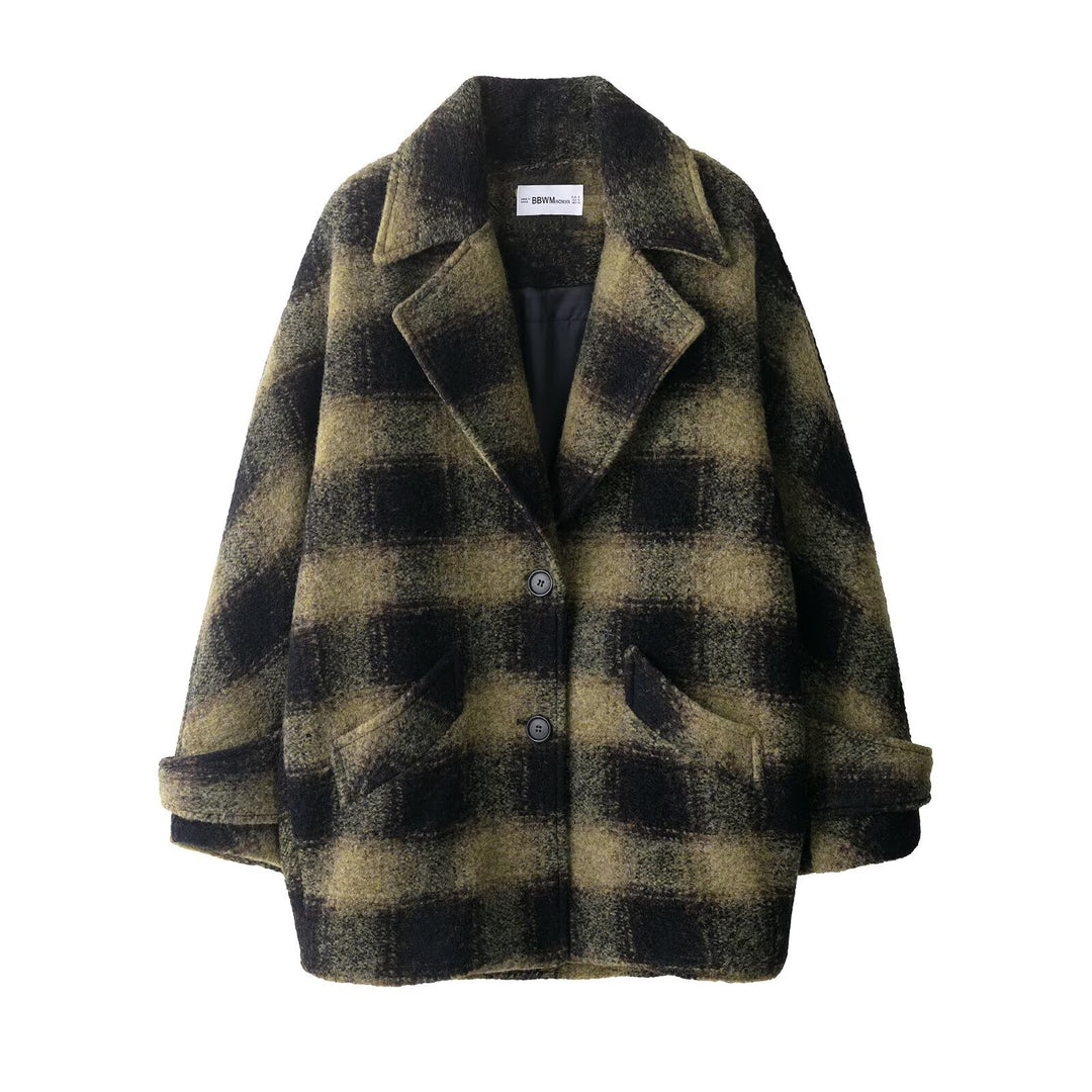 Damen Oversize Wollmix-Mantel mit Karomuster, Reverskragen und aufgesetzten Taschen Drune
