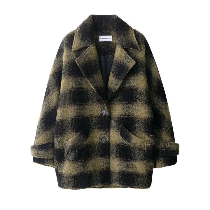 Damen Oversize Wollmix-Mantel mit Karomuster, Reverskragen und aufgesetzten Taschen Drune