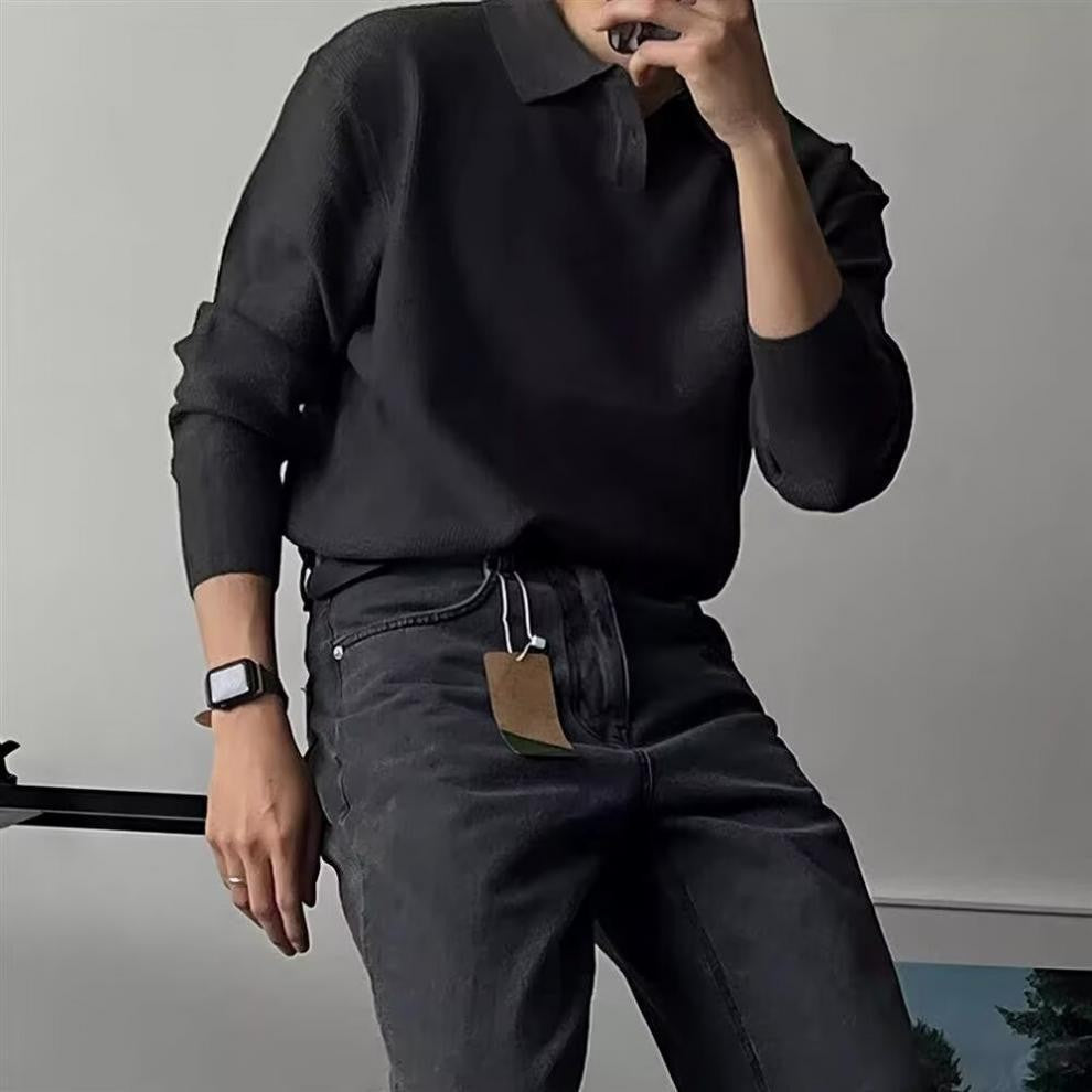 Herren Eleganter Langarm-Polo-Pullover mit Rippstruktur Drune
