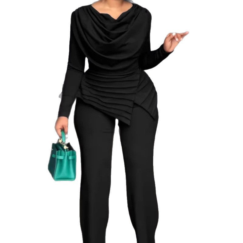 Damen Zweiteiliges Ensemble mit Wasserfall-Drapé-Oberteil, abgestuftem Peplum und gerader Bundfalten-Hose Drune