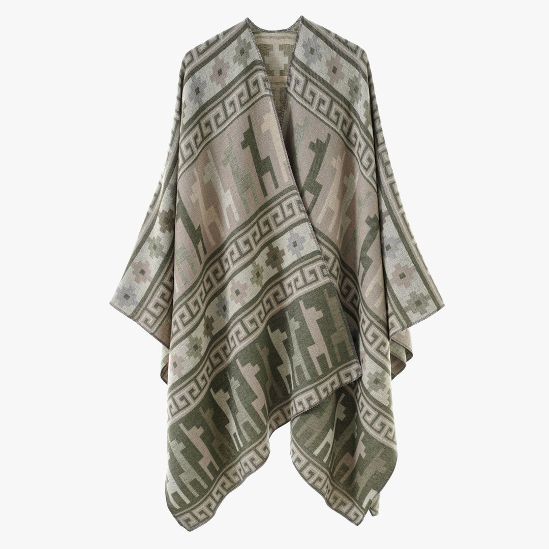 Damen Cape-Überwurf aus Jacquard-Strick mit Tier- und Ethno-Motiv Drune