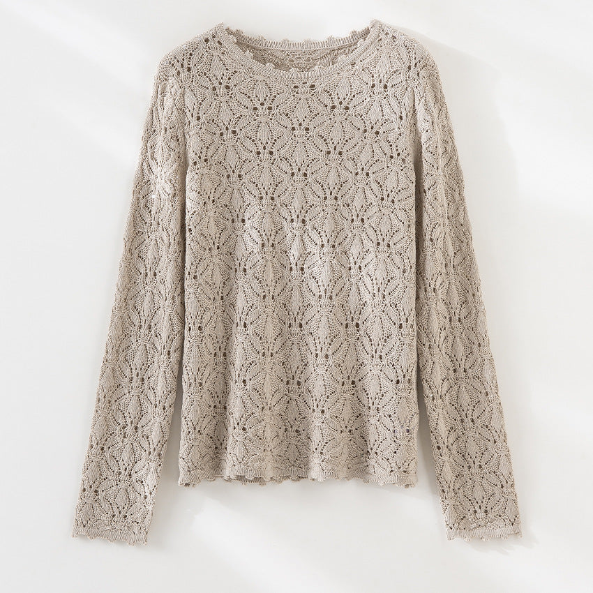Damen Feines Häkel-Longsleeve mit floraler Lochmuster-Struktur und legerer Silhouette Drune