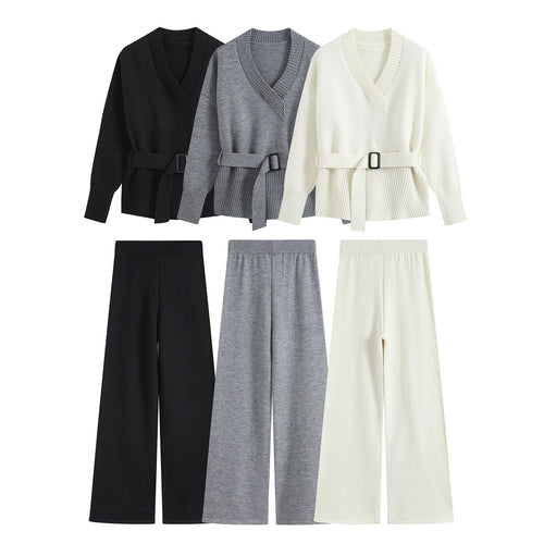 Damen Feiner Strickzweiteiler mit V‑Ausschnitt, Taillengürtel und weiter Bündchenhose Drune