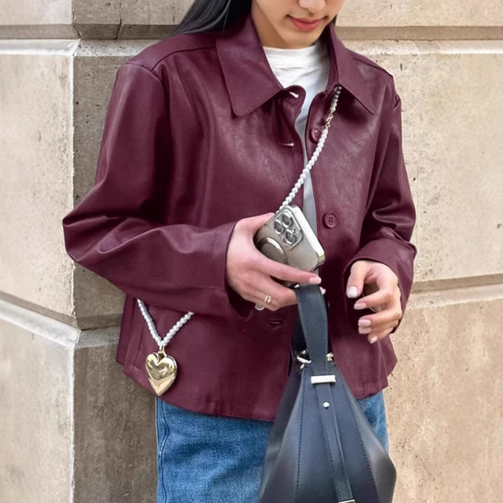 Damen Modische Kunstlederjacke mit klassischen Knopfdetails Drune