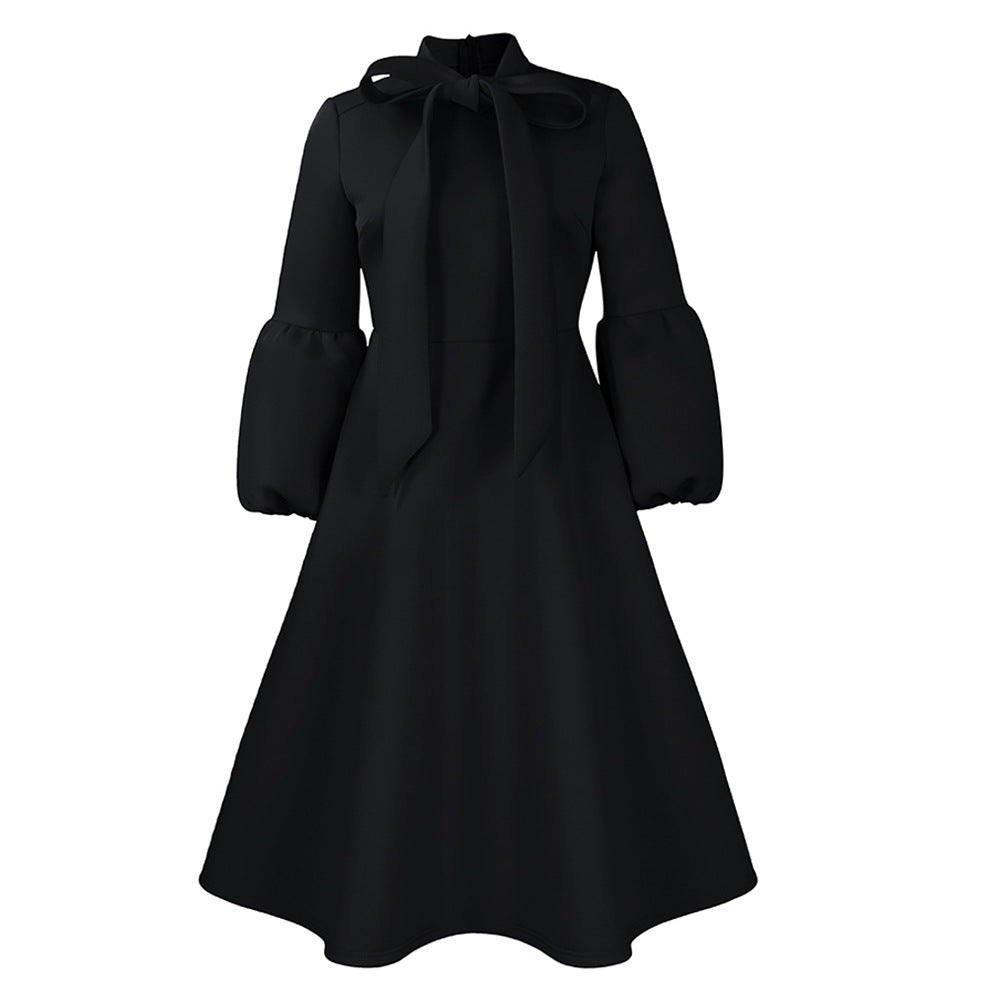 Damen Midi-Dress mit langen Puffärmeln und eleganter Schleife Drune