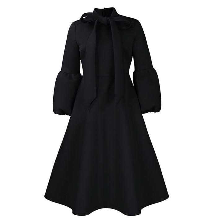 Damen Midi-Dress mit langen Puffärmeln und eleganter Schleife Drune