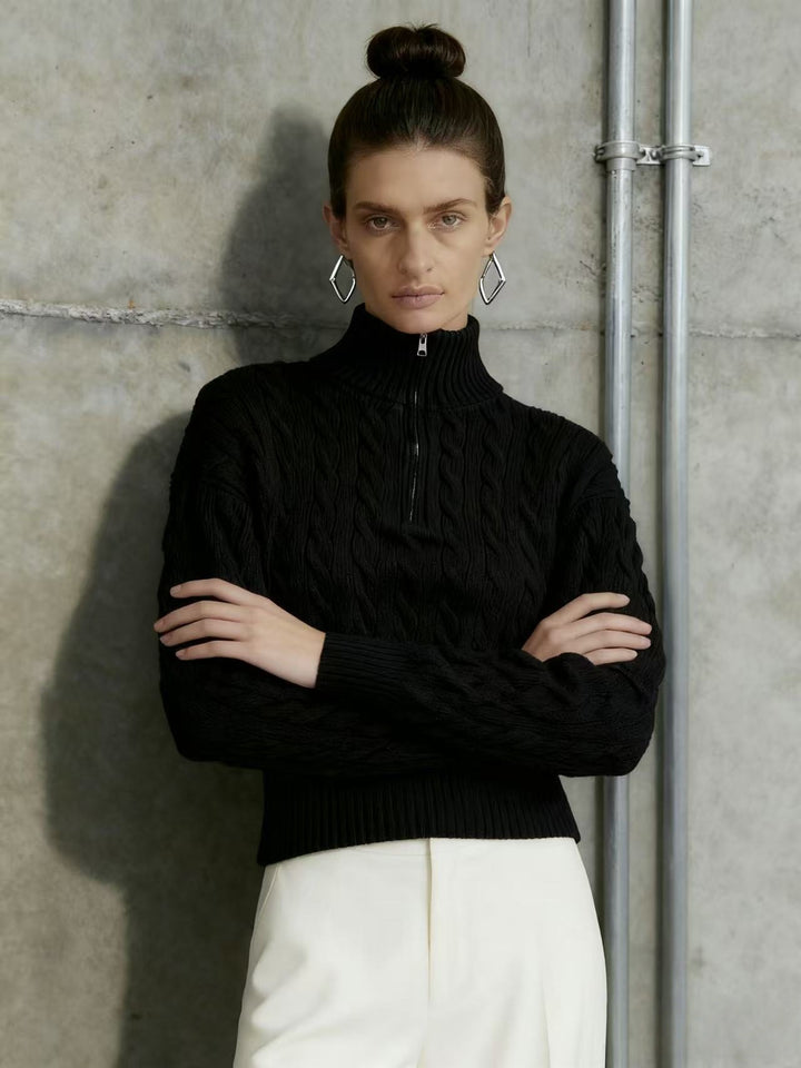 Damen eleganter Strickpullover mit hohem Kragen und Reißverschluss Drune
