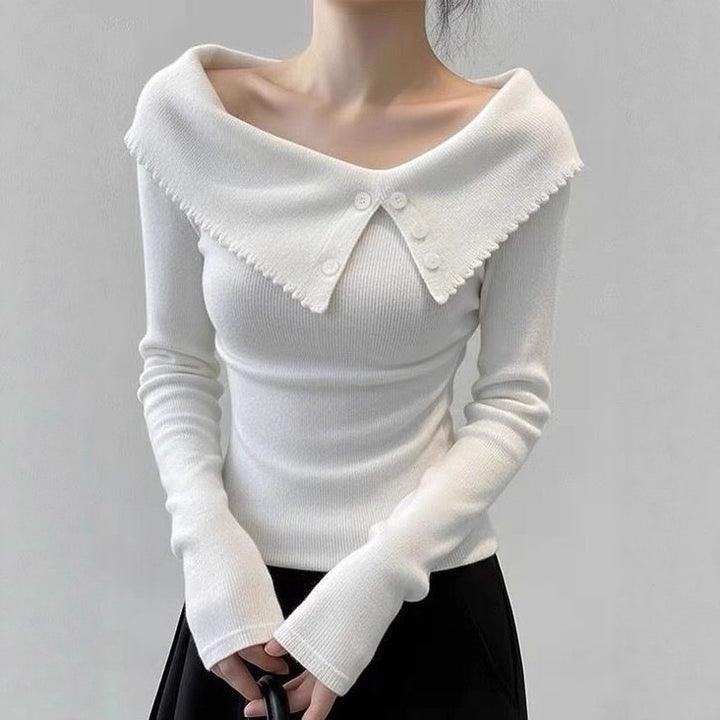 Damen Eleganter Pullover mit weitem Kragen und Knopfdetails Drune