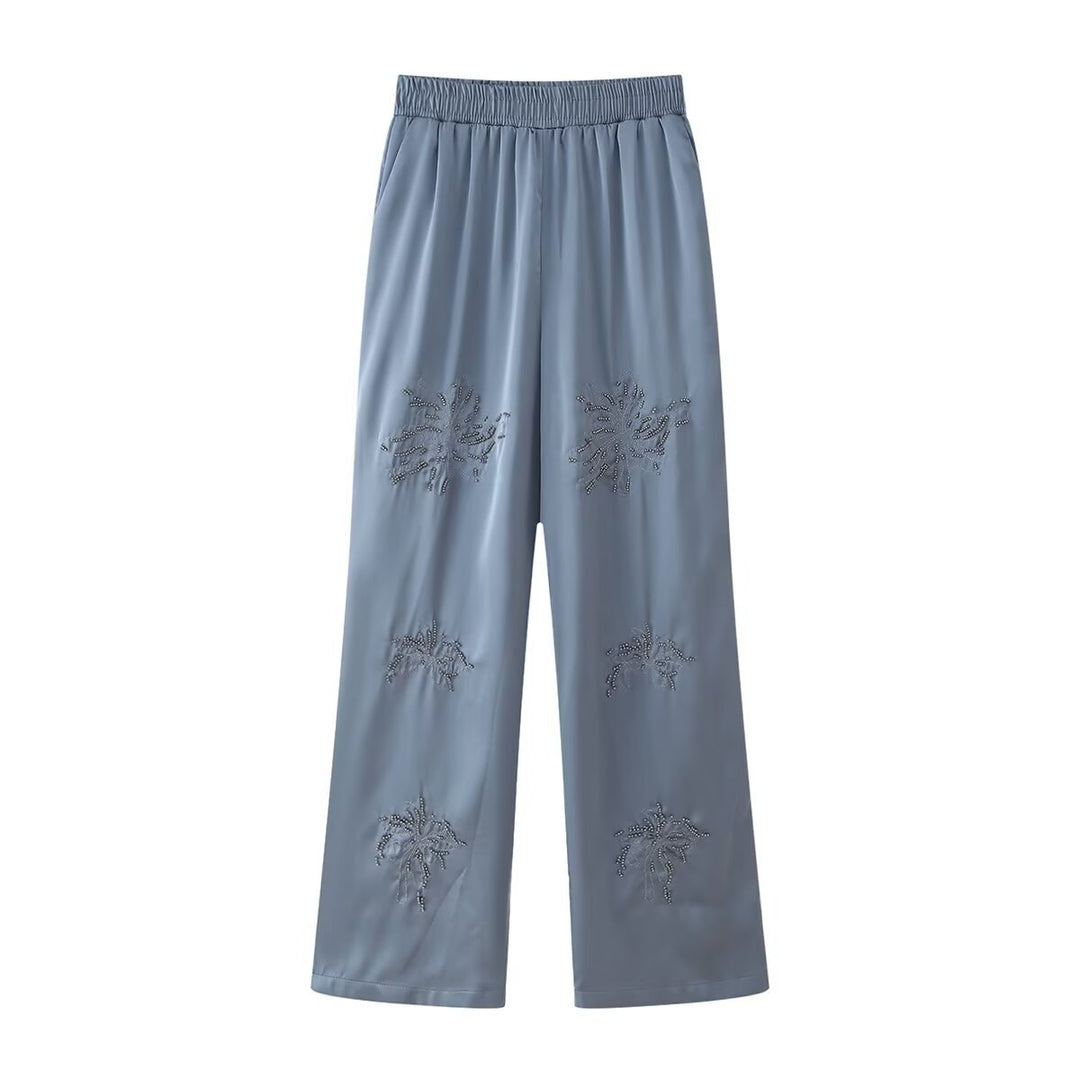 Damen Elegante Satinhose im Palazzo‑Schnitt mit elastischem Umschlagbund und floraler Zierstickerei Drune
