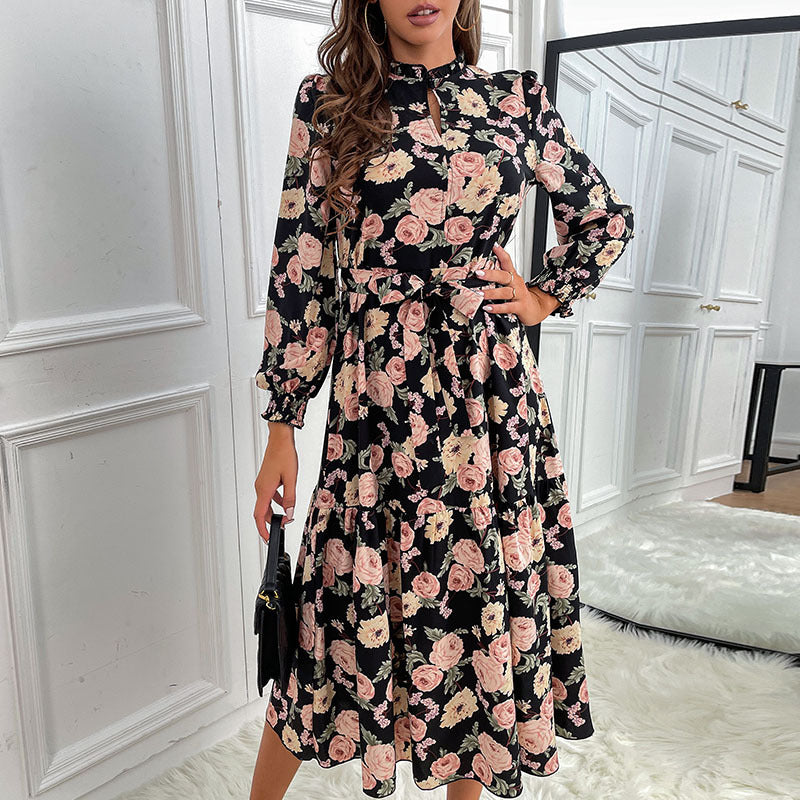 Damen Blumenkleid mit Rüschen und langen Ärmeln Drune