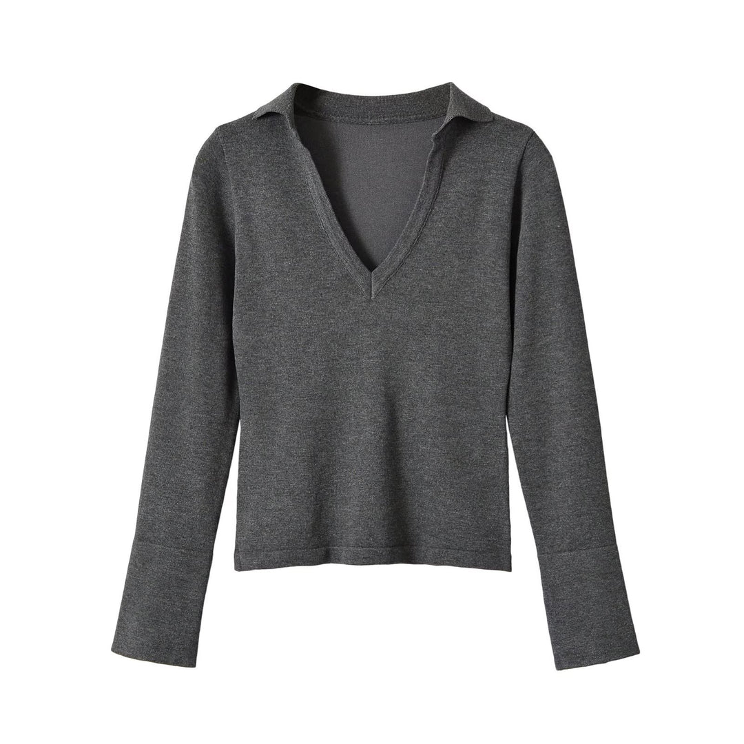 Damen Feinstrick-Longsleeve mit tiefem V-Ausschnitt und Hemdkragen Drune