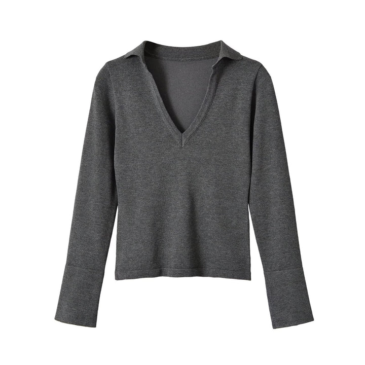Damen Feinstrick-Longsleeve mit tiefem V-Ausschnitt und Hemdkragen Drune