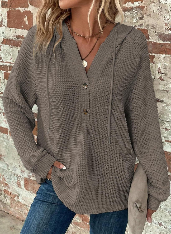 Damen gemütlicher Strickpullover mit Kapuze und Knopfleiste Drune