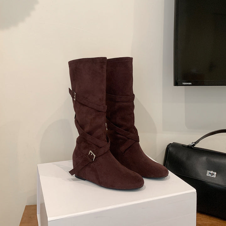 Damen Kniehohe Velourslederstiefel mit Wickelriemen und flachem Keilabsatz Drune