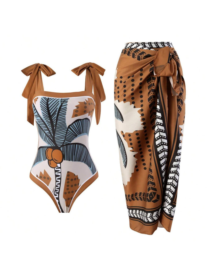 Damen Eleganter Badesuit mit floralen Akzenten und modischem Wickelrock Drune