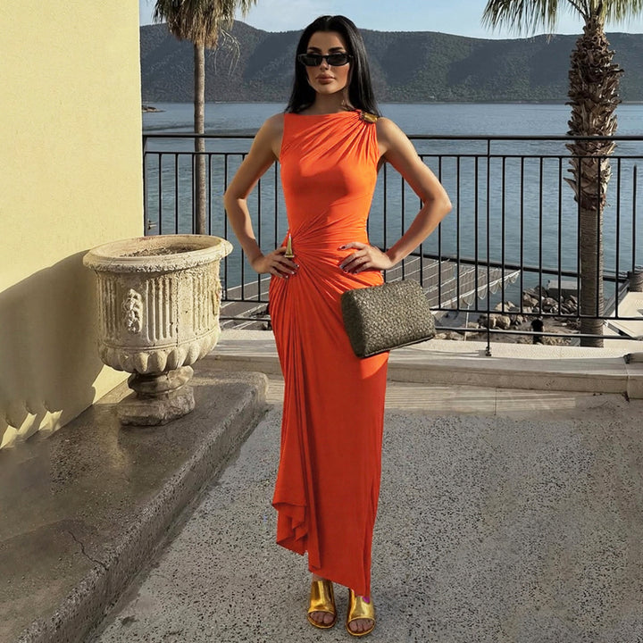 Damen Elegantes Maxikleid mit asymmetrischem Design und drapierter Taille Drune