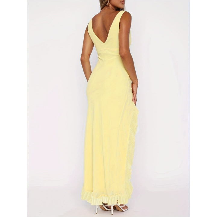 Damen Maxikleid mit tiefem V-Ausschnitt und verspielten Rüschendetails Drune