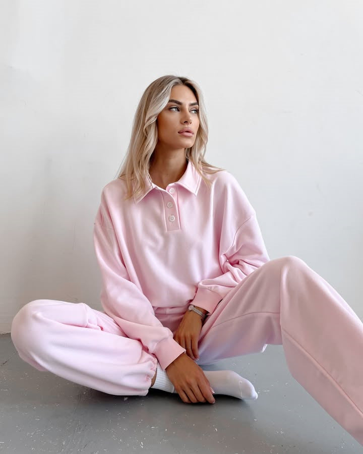 Damen sportliches Fleece-Set mit weiten Hosen und Polokragen Drune