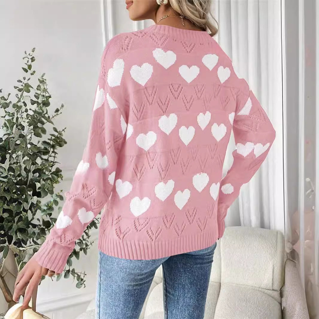 Damen kuscheliger Pullover mit herzförmigem Muster und V-Ausschnitt Drune