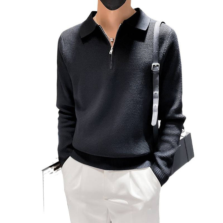 Herren Strukturierter Halbzip-Strickpolopullover mit Reißverschlusskragen Drune