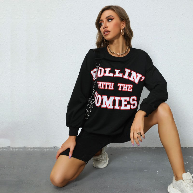 Damen Oversize College-Sweatshirt mit großem Frontprint, Rundhals & geripptem Saum Drune