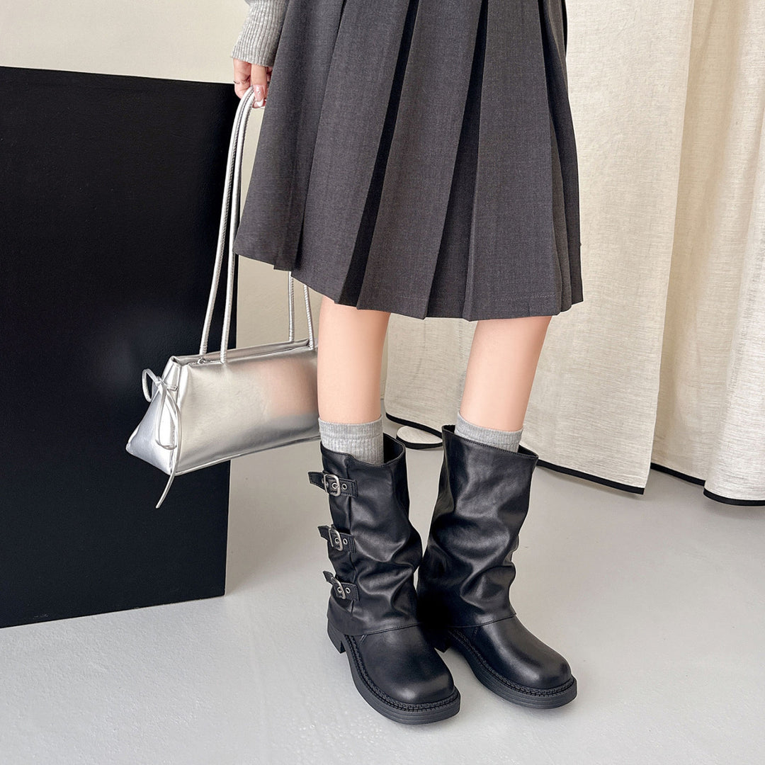 Damen Modische Stiefel mit Schnallen und hohem Schaft Drune
