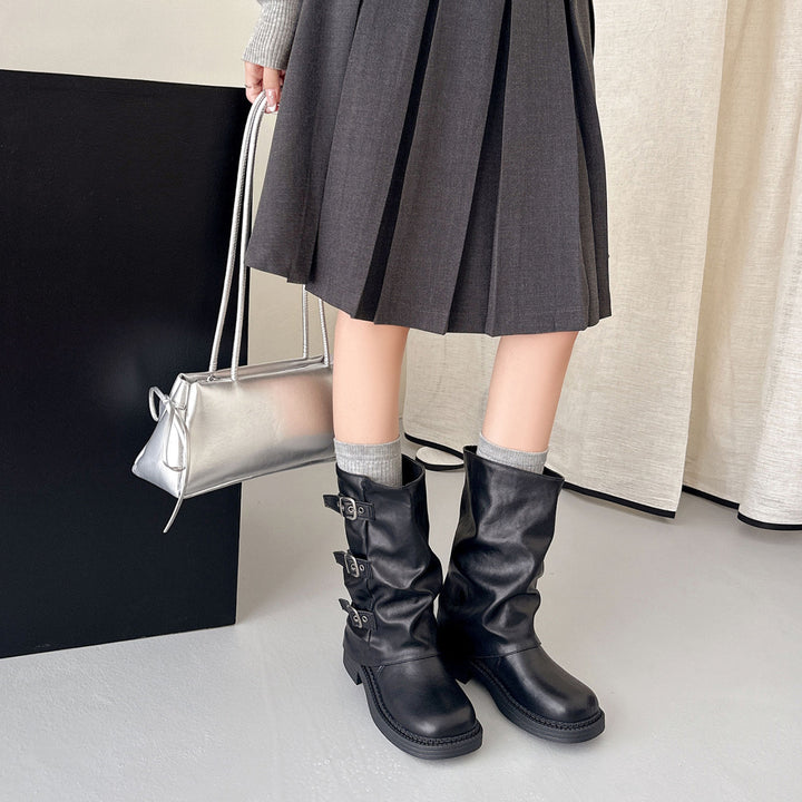 Damen Modische Stiefel mit Schnallen und hohem Schaft Drune