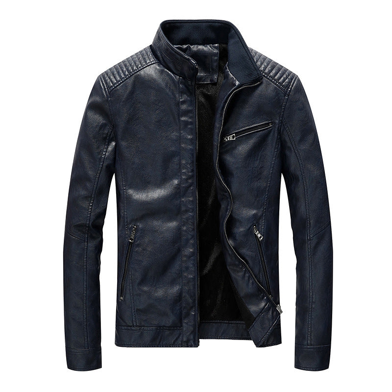 Herren Kunstleder-Motojacke mit Stehkragen, Schultersteppungen und Reißverschlusstaschen Drune