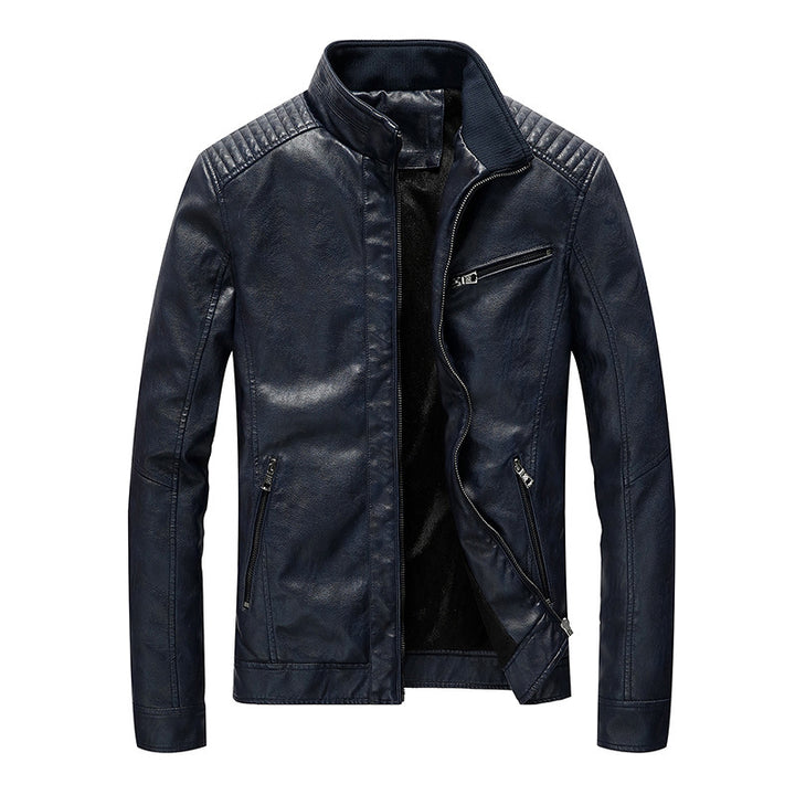 Herren Kunstleder-Motojacke mit Stehkragen, Schultersteppungen und Reißverschlusstaschen Drune
