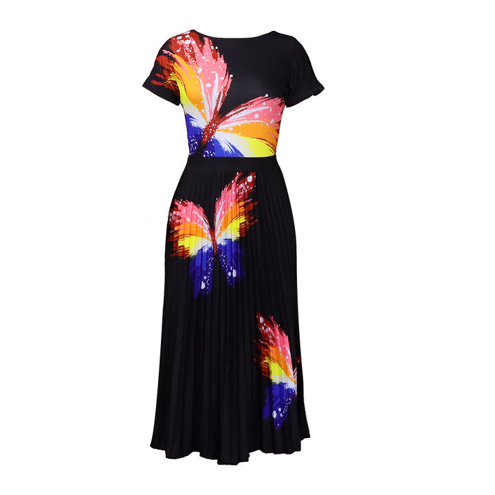 Damen Maxikleid mit buntem Schmetterlingsdesign und eleganter Plisseefalte Drune