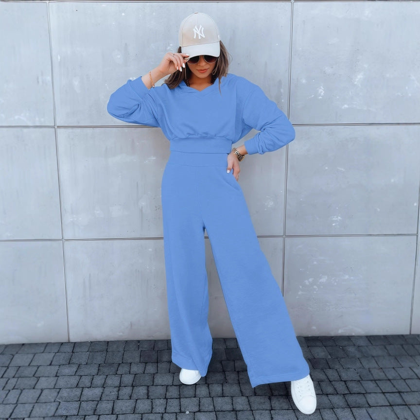 Damen Loungewear-Set mit Cropped V‑Ausschnitt-Pullover und hochtaillierter Palazzohose Drune