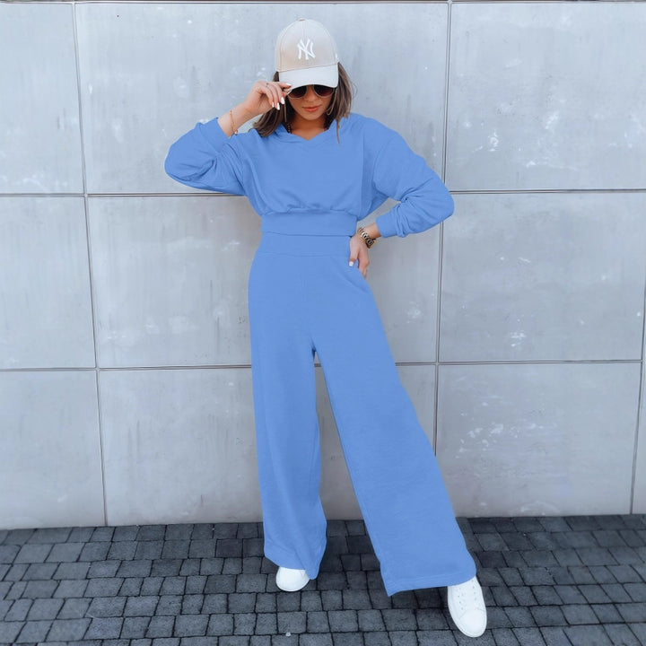 Damen Loungewear-Set mit Cropped V‑Ausschnitt-Pullover und hochtaillierter Palazzohose Drune