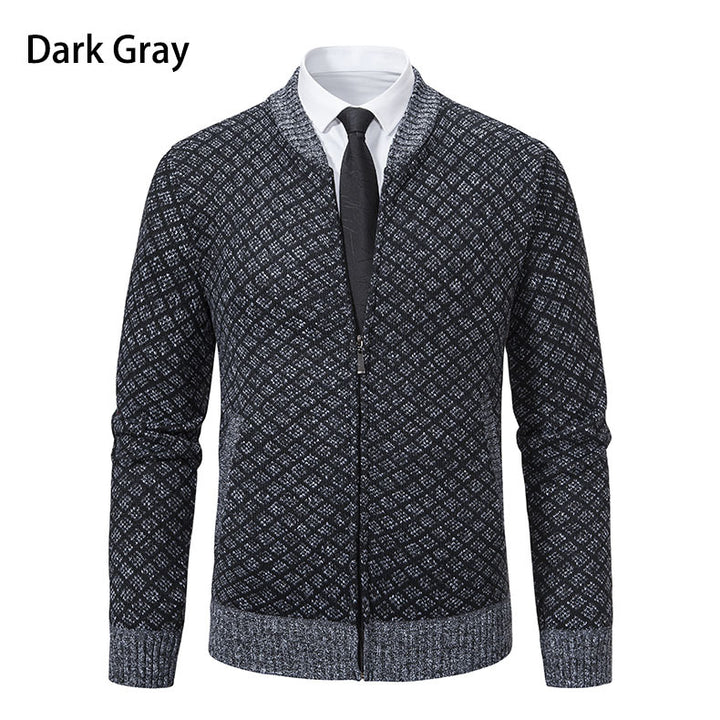 Herren Strick-Zipjacke mit feinem Jacquard‑Muster, durchgehendem Reißverschluss und geripptem Saum Drune