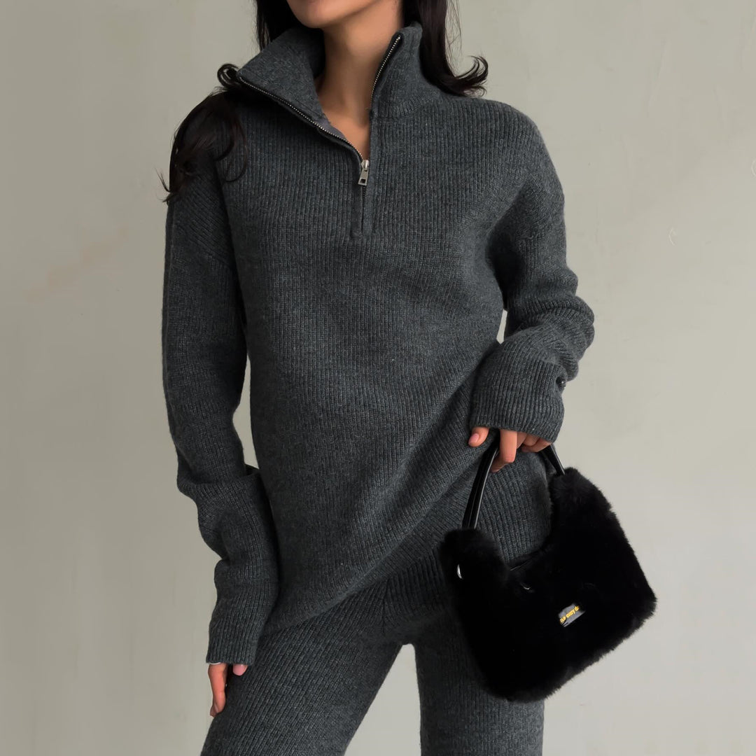 Damen Rippstrick-Loungewear-Set mit Halbzip-Longpullover und High‑Waist-Rippleggings Drune