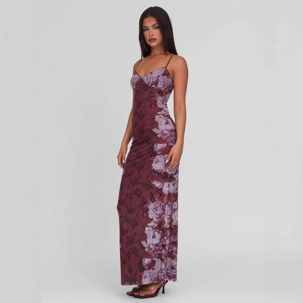 Damen nan figurbetontes Slip-Maxikleid mit Spaghettiträgern, Miedernaht und floral-barockem Digitaldruck Drune
