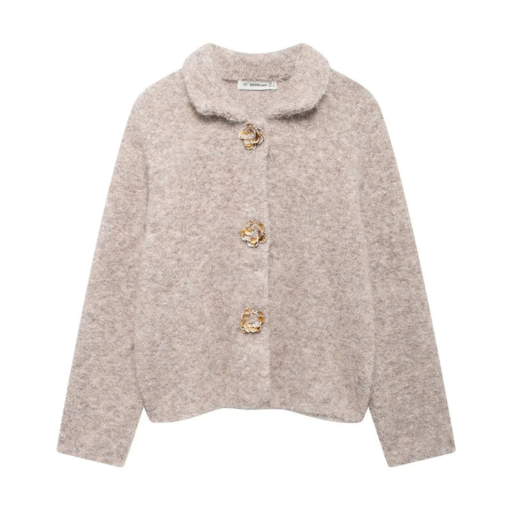 Damen nan kurze Bouclé-Teddyjacke mit dekorativen Blumenknöpfen, Hemdkragen und kastigem Schnitt Drune