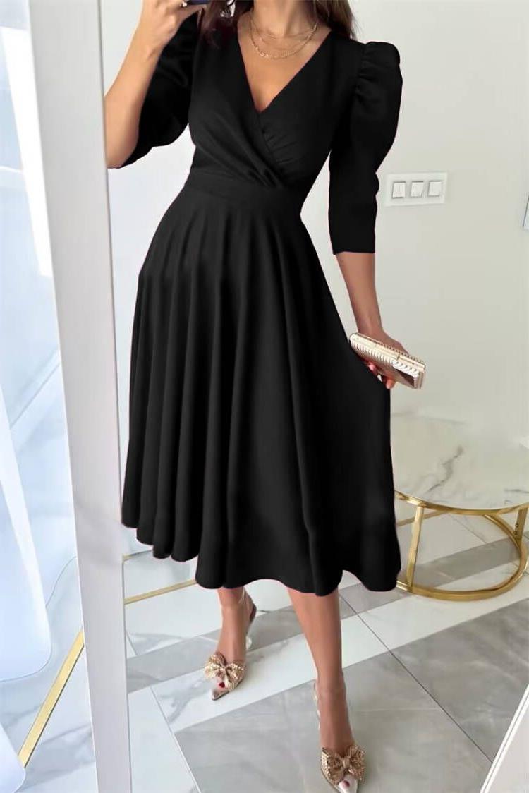 Damen Festliches A-Linien Kleid mit Puffärmeln und V-Ausschnitt Drune