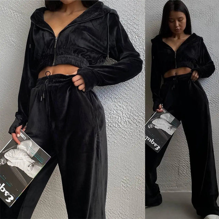 Damen lässiges Fleece-Set mit cropped Oberteil und weiter Hose