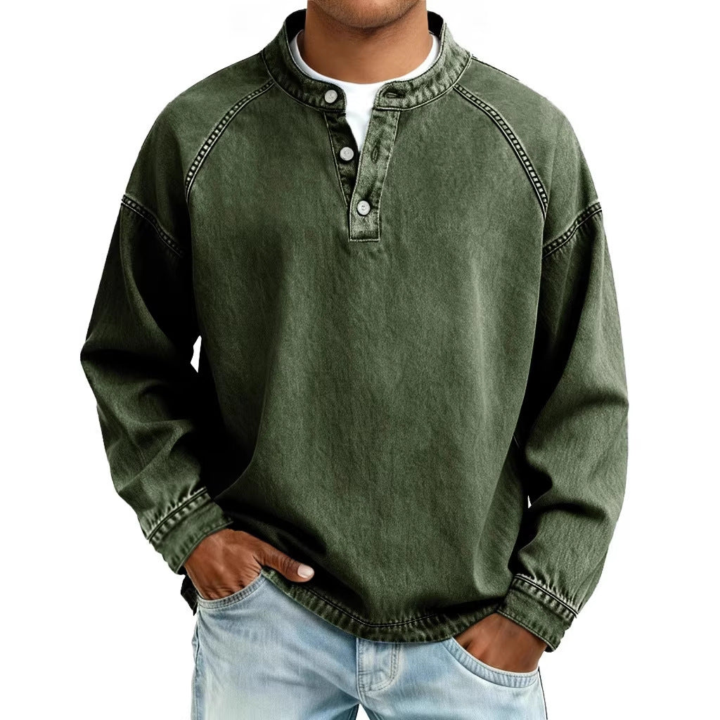 Herren nan verwaschenes Henley-Shirt mit Stehkragen, lockerer Passform und Knopfleiste Drune