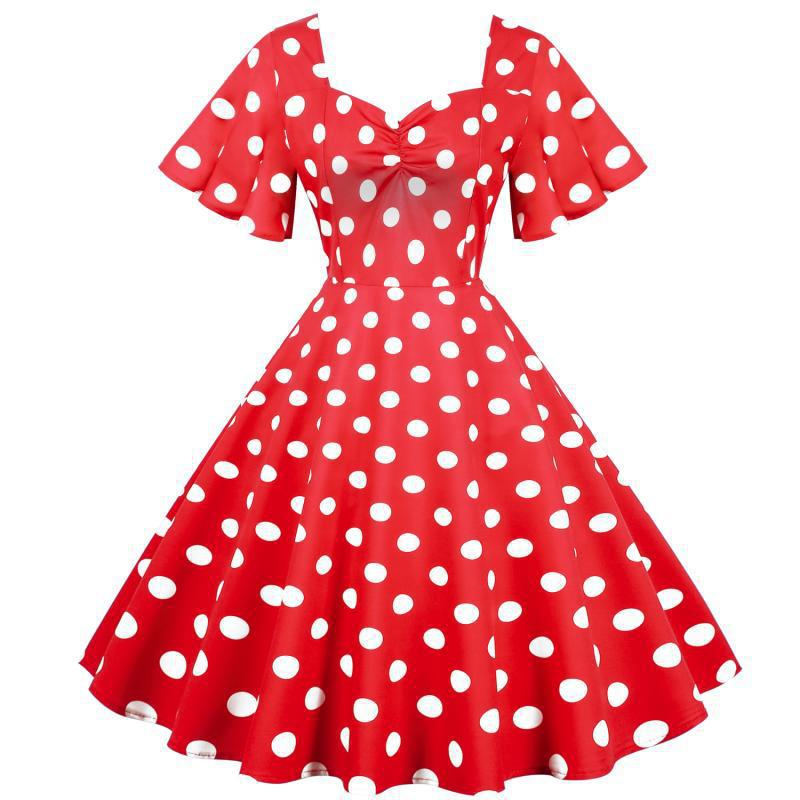 Damen Rockabilly Kleid mit verspieltem Polka-Dots-Muster und schwingendem Saum Drune