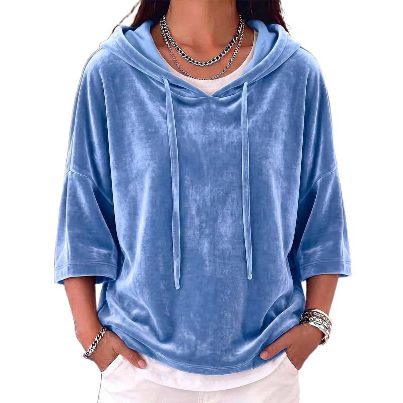 Damen Oversize Samt-Halbarm-Hoodie mit Kordelzug und Taschen Drune