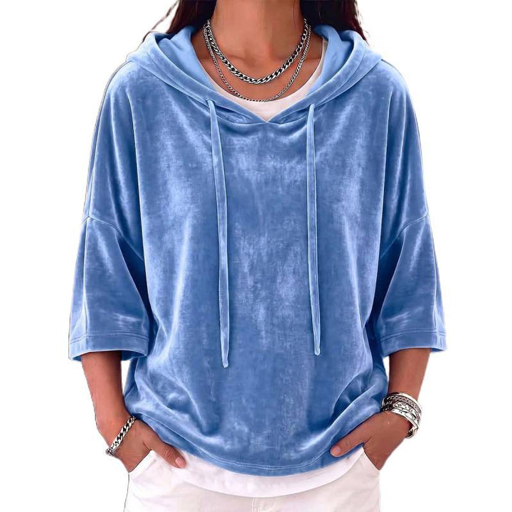 Damen Oversize Samt-Halbarm-Hoodie mit Kordelzug und Taschen Drune