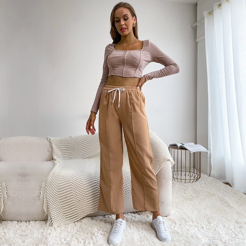 Damen Relaxed-Hose mit Elastikbund, Kordelzug und Bügelfalte Drune