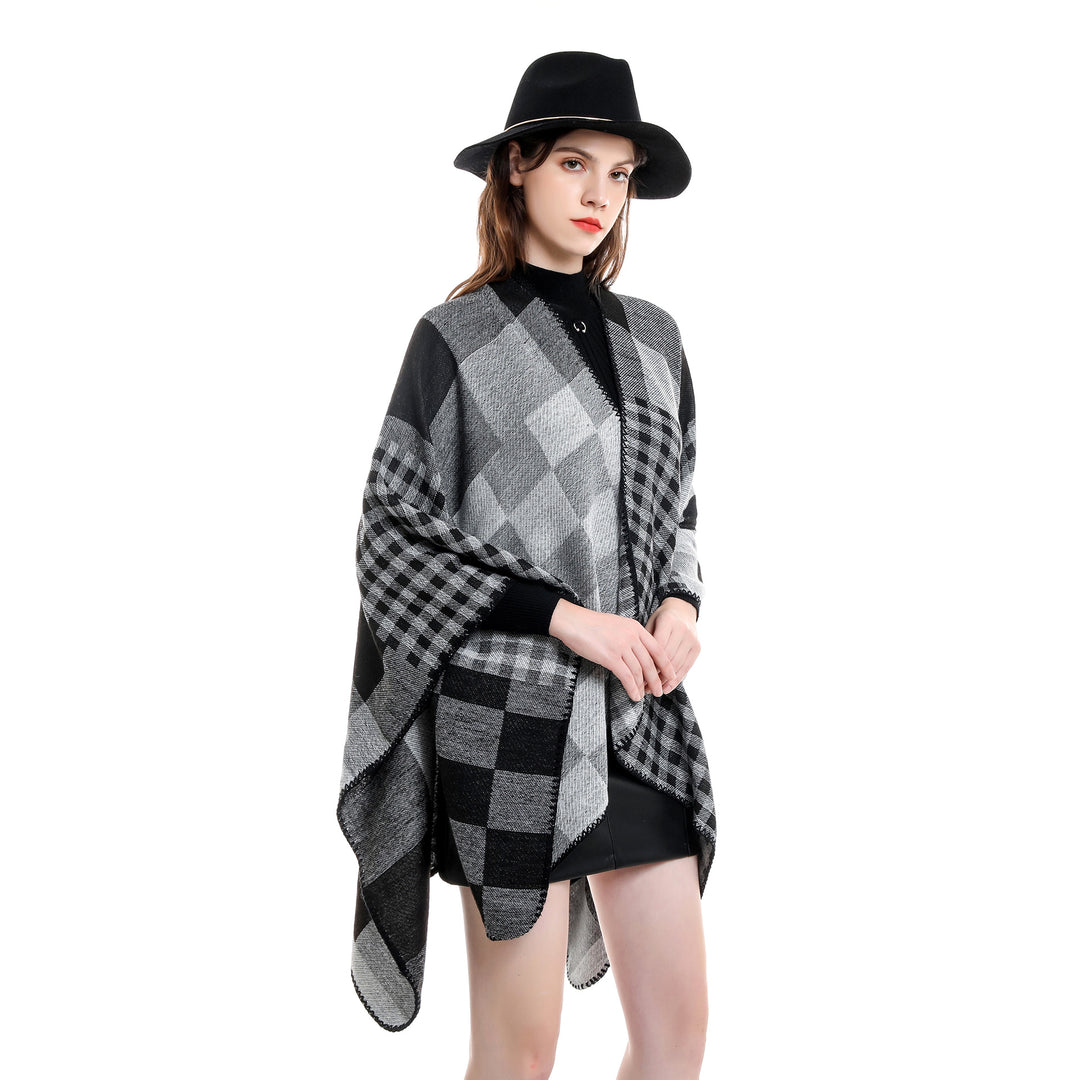 Damen Oversize-Umhang im Karomix aus Wollmix mit Häkelsaum Drune