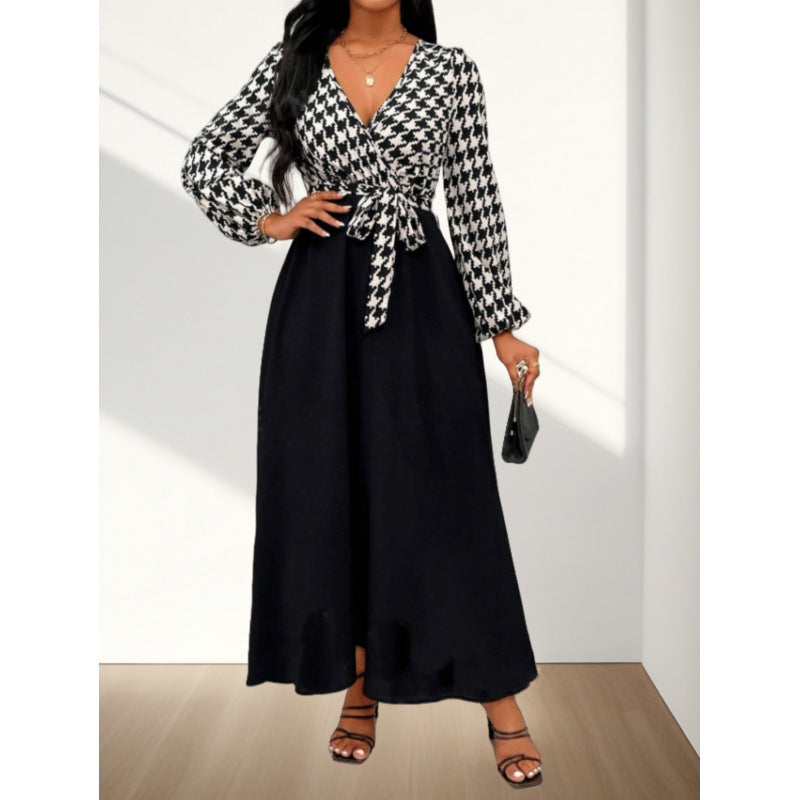 Damen Maxi-Kleid mit Kreuzverschluss und elegantem Hahnentrittmuster Drune