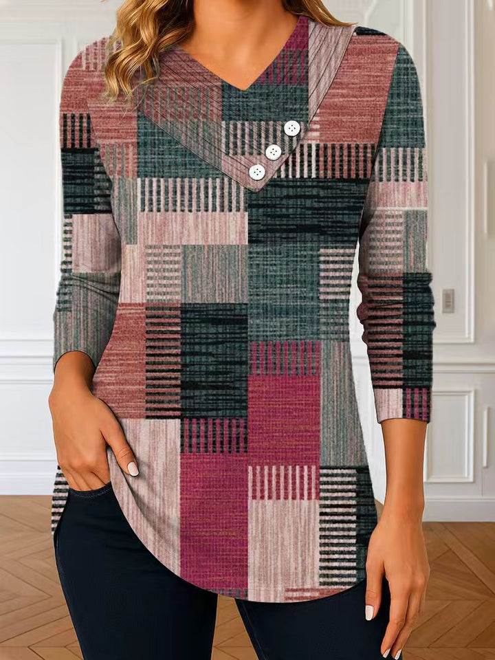 Damen Langarm-Tunika mit asymmetrischem V-Ausschnitt, Zierknopfleiste und kariertem Patchworkmuster Drune