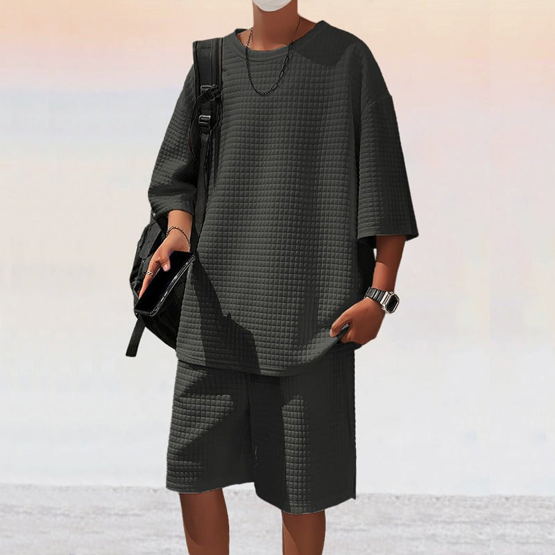 Herren nan quadratstruktur Freizeitset mit oversized Rundhalsshirt und knielangen Relax-Shorts Drune