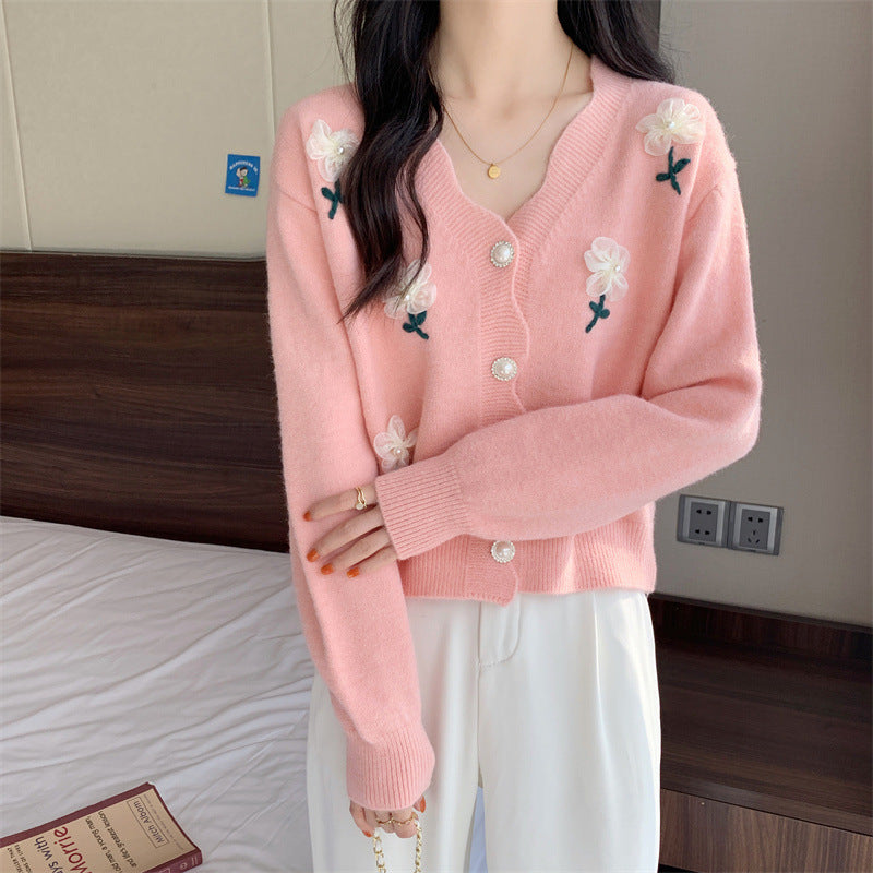 Damen verspielte Strickjacke mit Blumenstickerei und Perlenknöpfen Drune